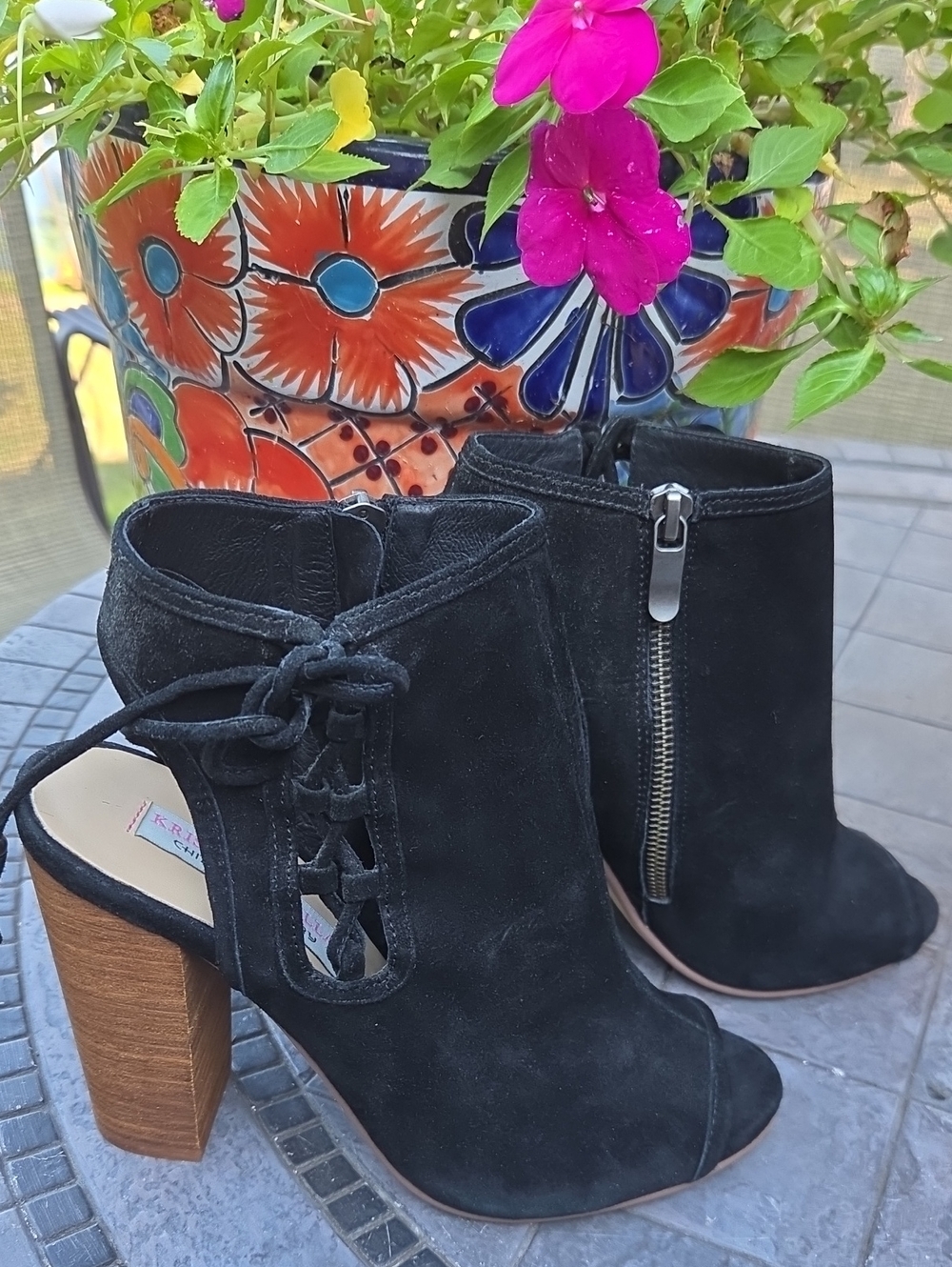 Chinese Laundry Black Suede Peep-Toe Lace-Up Ankle Booties